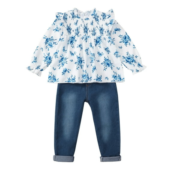 6Y Little Girls Clothes 7Y Girls Denim Pant Set Outfits Set Little Girls Long Sleeve Floral Jeans Pants 2PCS Set Blue