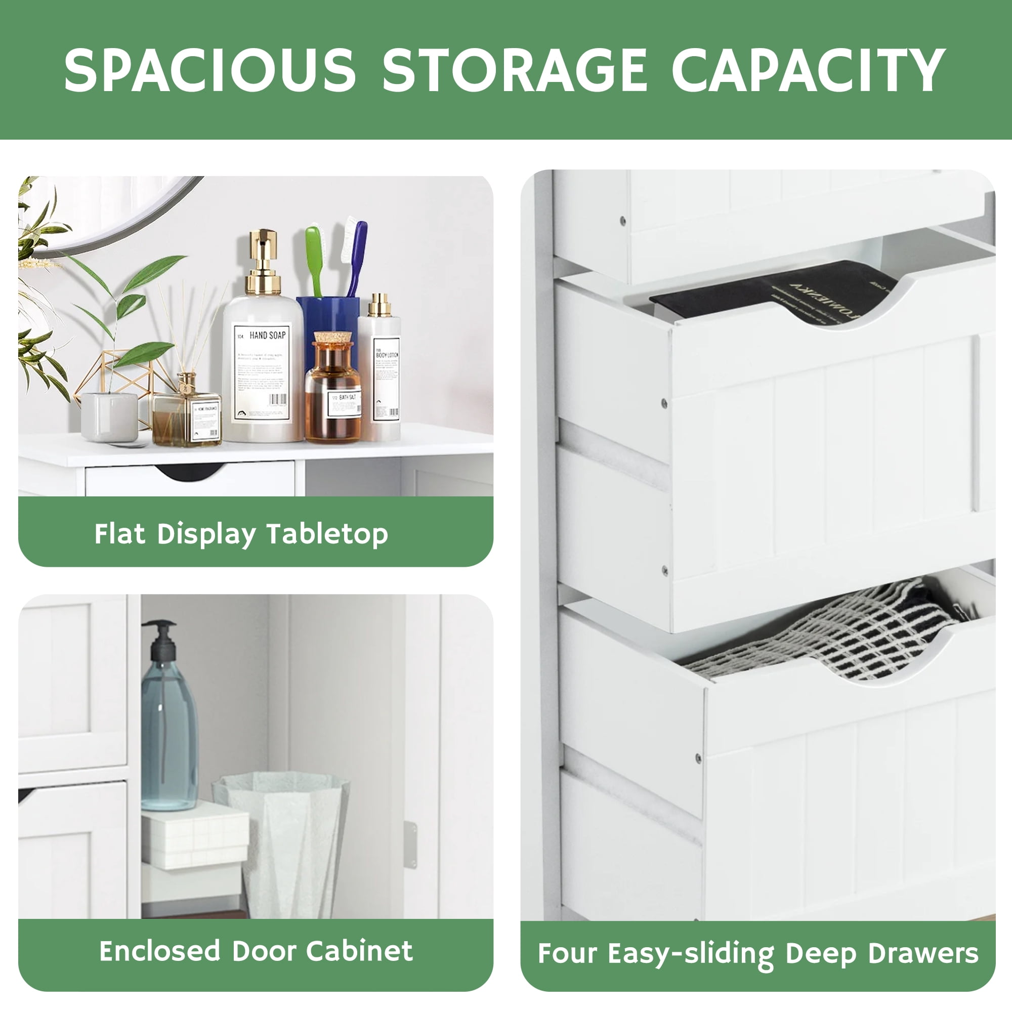Dalattin Wooden Bathroom Cabinet, Floor Storage Cabinet with 4 Drawers 1 Cupboard & 2 Shelves