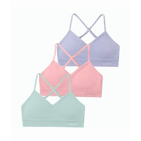 Livona Racerback Training Bra for Girls- 3 Pack Seamless Sports Bra, Padded Everyday Bra Bralette,Crop Cami Tank Top (6-14)