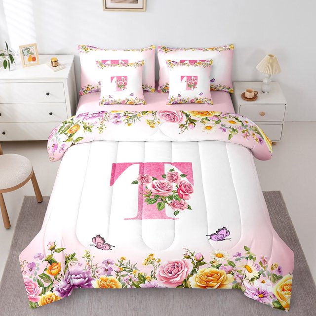 Erosebridal Letter Initial Bedding Sets Twin Size,Monogrammed Personalized Comforter Sets with Sheets,Flower Decor,Reversible,Breathable,7-Piece