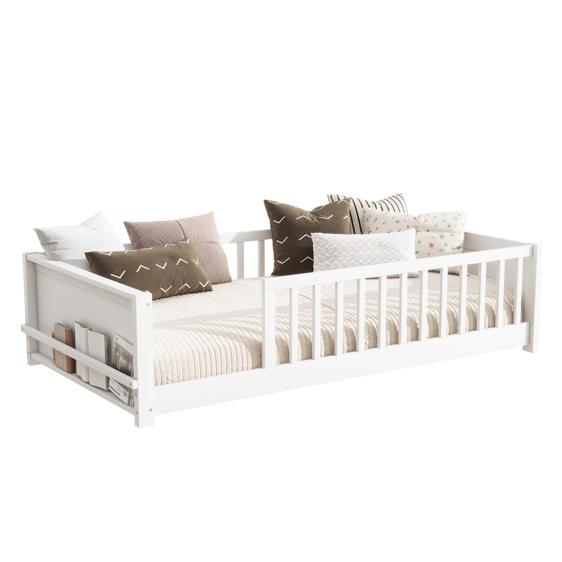 Noble House Devon Twin Floor Bed with Built-in Book Rack, Sturdy Rubber Wood Montessori Bed with Fence, White