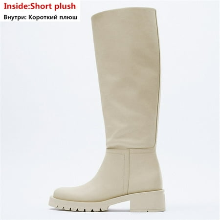 

2022 ZA New Fashion Full Genuine Leather Boots Women Slip On Knee High Boots Autumn Winter Straight Knight Botas Size 34-43