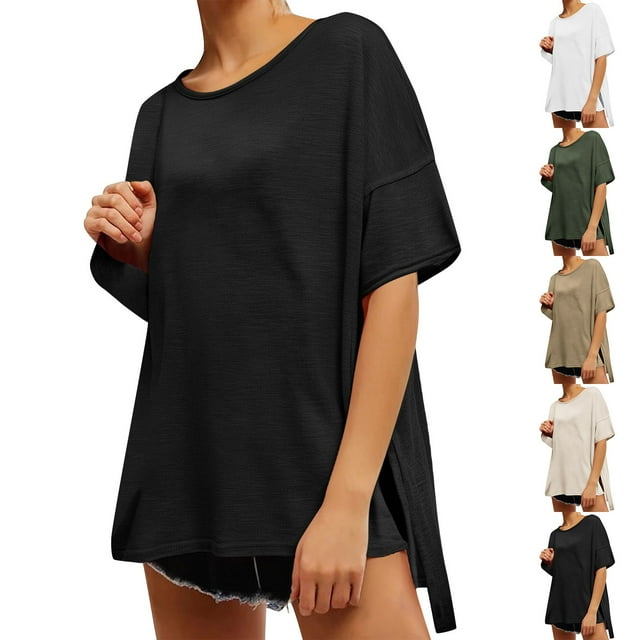 WRKEKC Chemises à Manches Courtes pour Femmes, T-Shirts d'Été pour Femmes, Chemise de Sport à Manches Courtes Col Rond Couleur Unie Grande Taille pour Femmes