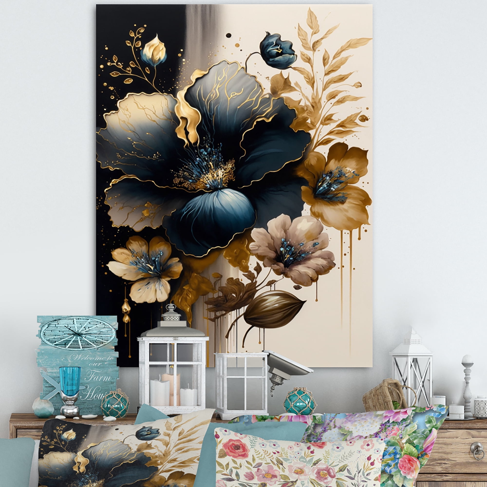 Designart Dark Blue And Gold Hibiscus II Canvas Wall Art