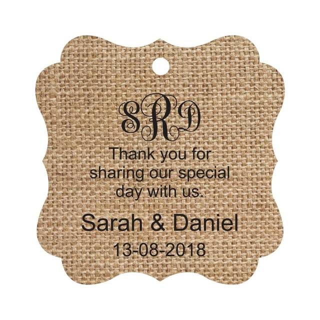 Darling Souvenir Merci de Partager Notre Journée Spéciale Monogramme Personnalisé Initiales Accrocher Tags Cadeau de Mariage Personnalisé Tags-Toile de Jute-100 Tags