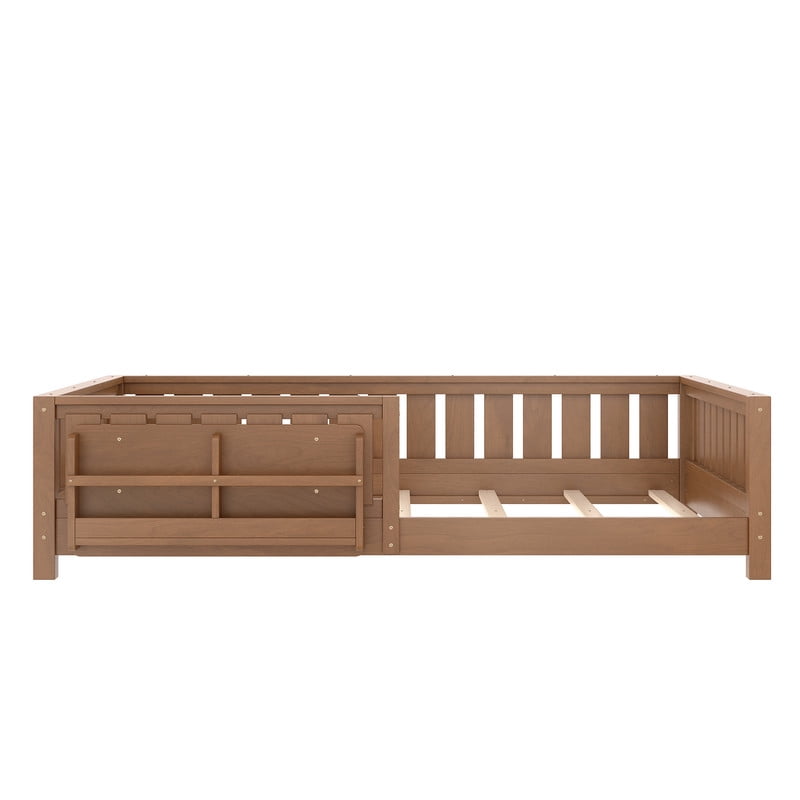 Bellemave Queen Size Floor Bed with Bookshelf, Wood Montessori Beds with Slats and Safety Guardrail, Low Profile Queen Bed Frame with Fence, No Box Spring Needed (Natural)