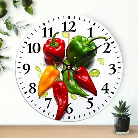 Chilfamy Round Wooden Wall Clock, Peppers Green Leaf Red Pepper Print, Ideal Wall Decor for Living Rooms, Kitchens, Dorms, 10-Inch Size 10x10in