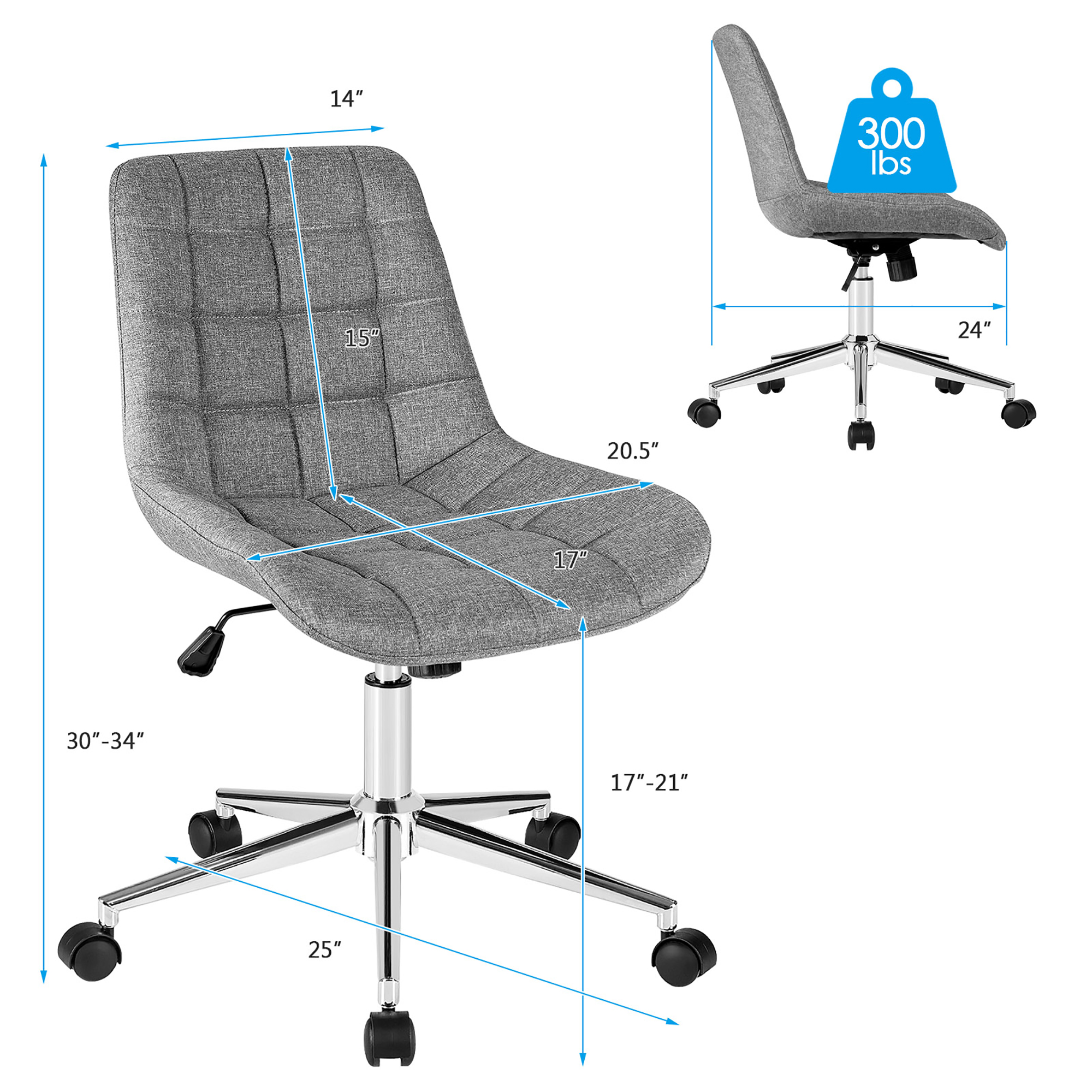 Costway Mid Back Armless Office Chair Adjustable Swivel Fabric Task Desk Chair Gray