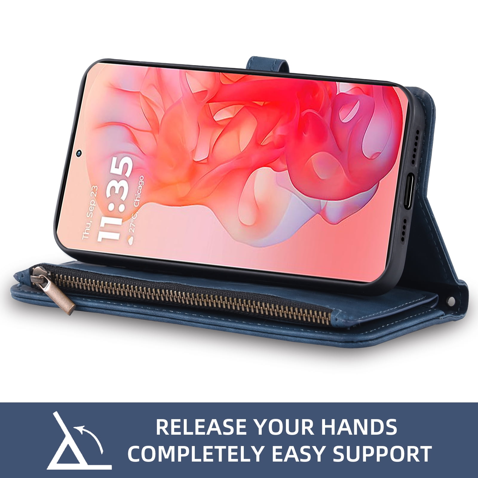 Asuwish Phone Case for Motorola Moto G Stylus 5G 2024 Wallet Cover With Tempered Glass Screen Protector Crossbody Wrist Strap Flip Pattern Zipper Credit Card Holder Stand Slot Cell G5 Women Men Blue