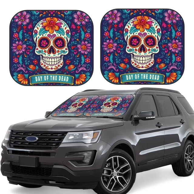 Vsdgher Dead Day Party Print Car Windshield Sun Shade, Reflective Sunshade Window Sunshade Sun Visor Protector Fit for Cars,Trucks,SUVs-Small