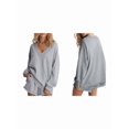 thumbnail image 2 of Womens V Neck 2 Piece Outfits Casual Loose Fit Long Sleeve Top and High Waisted Shorts Lounge Sets Light Gray L, 2 of 6