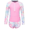 thumbnail image 1 of Ocealan Maillot de Bain 2 Pcs pour Filles, Haut de Maillot Dermoprotecteur à Manches Longues avec Fermeture Éclair et Short, Imprimé à Rayures Ondulées, Rose, Taille 9 Ans, 1 of 7