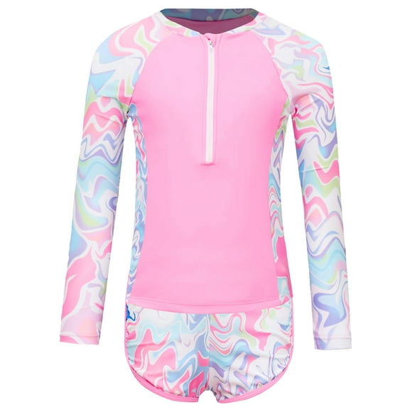 Jizyo Kids Girls 2Pcs Rash Guard Long Sleeve Zipper Wave Striped Printed Swim Top with Shorts Bathing Suit Pink 10Y