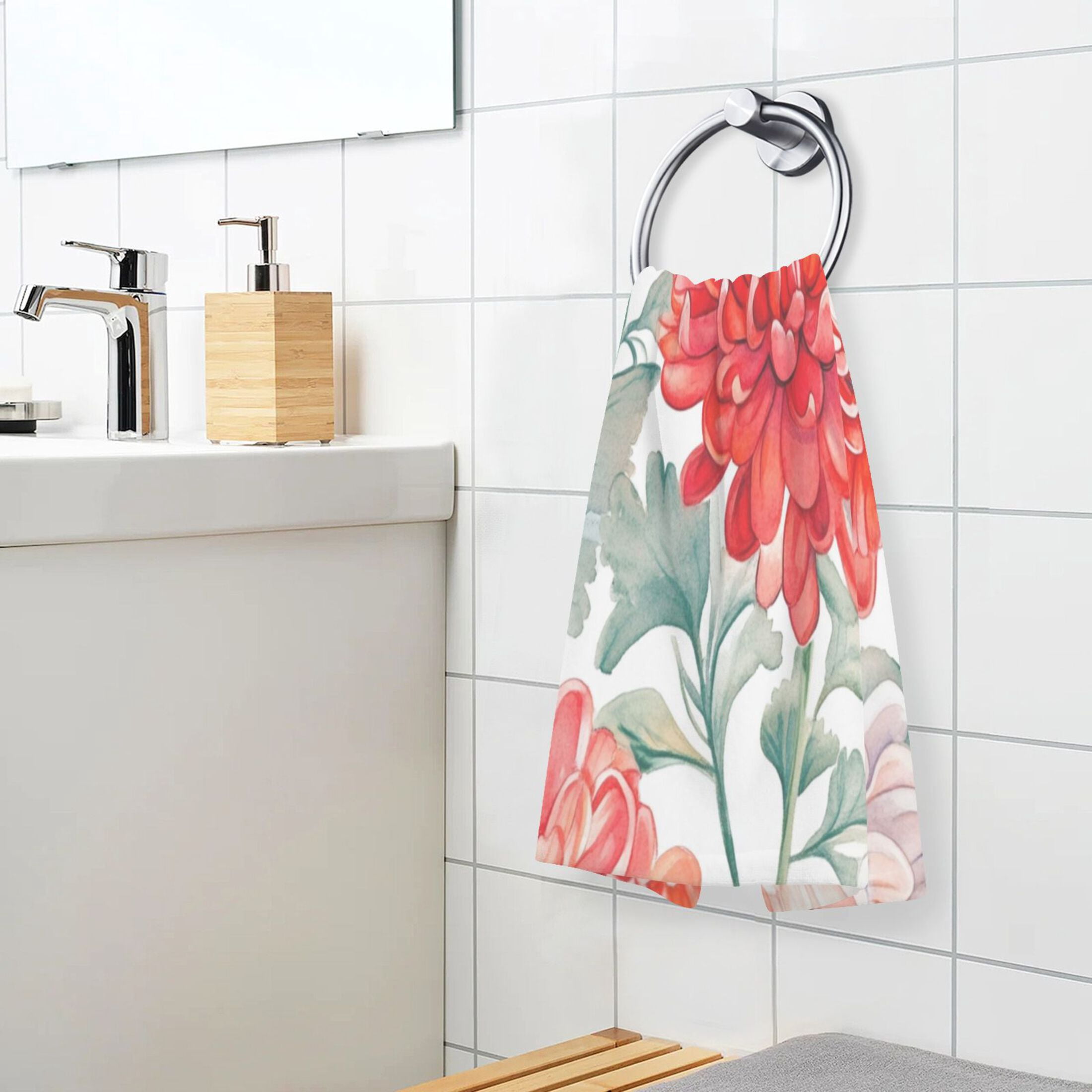 Cotton Towel Two-Piece 16x28 Inch One Sizex2 Face Towel Set Towel Set Cotton Hand Bath Towel Bathroom Beach Chrysanthemums Red