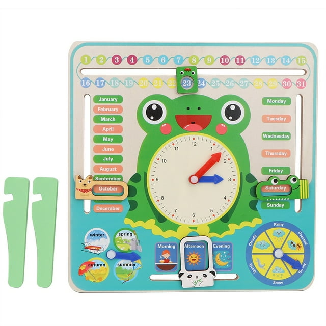 Reloj calendario multifuncional de madera, juguete educativo para niños con cognición del tiempo y las estaciones.