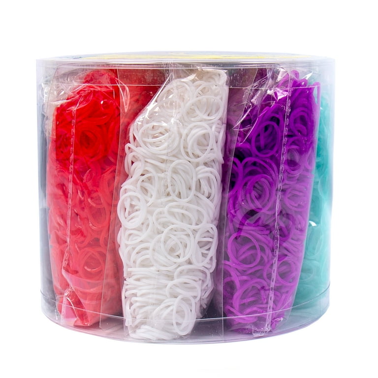 Rainbow loom bands in purple, white, neon orange, neon green, pink