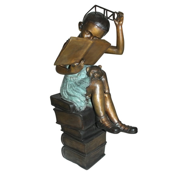 Nifao Girl sitting on a stack of books reading a book Bronze Statue – Home Office Decor Sculpture, 17"L x 18"W x 36"H