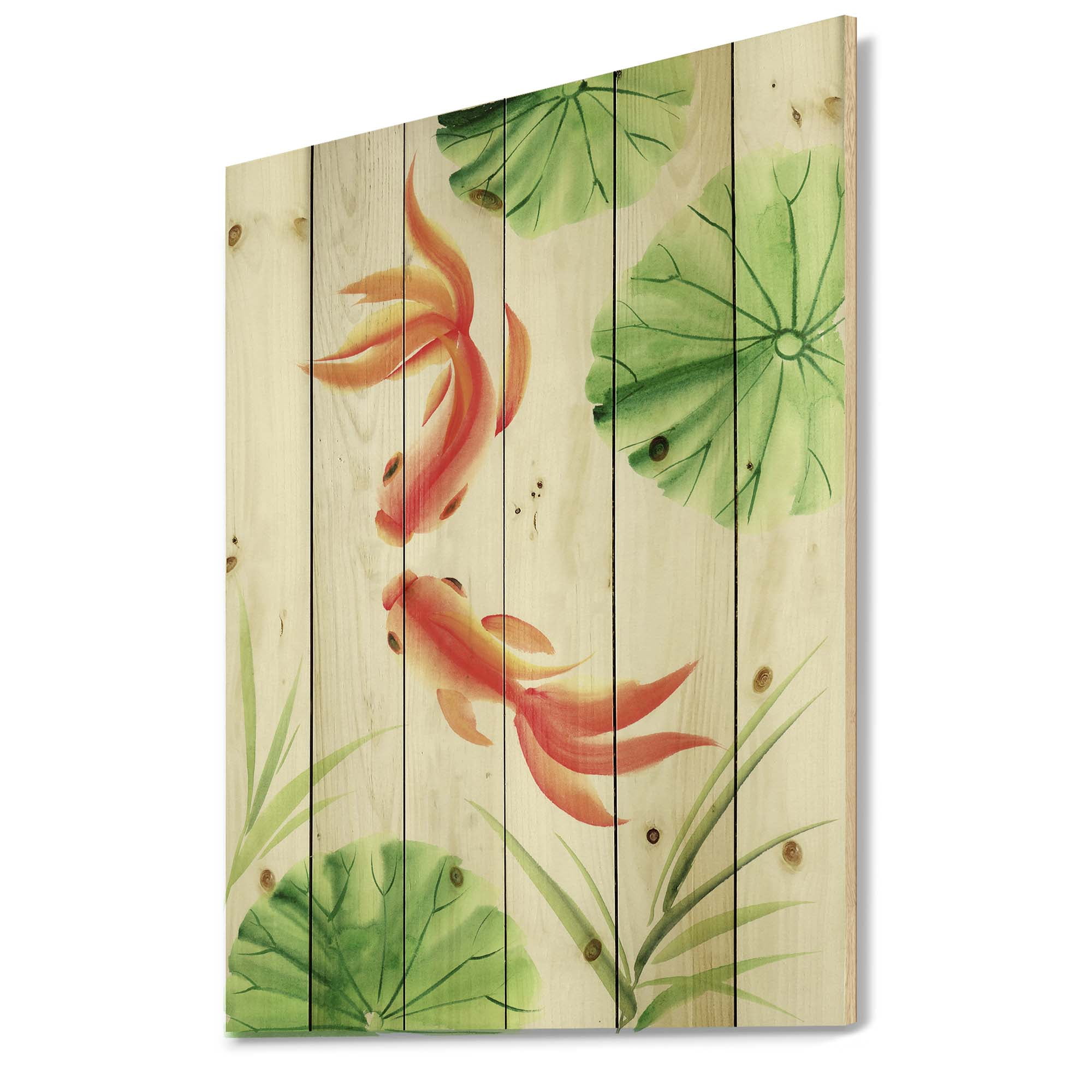 Designart 'The Lotus Leaves With Goldfishes' Nautical & Coastal Print on Natural Pine Wood