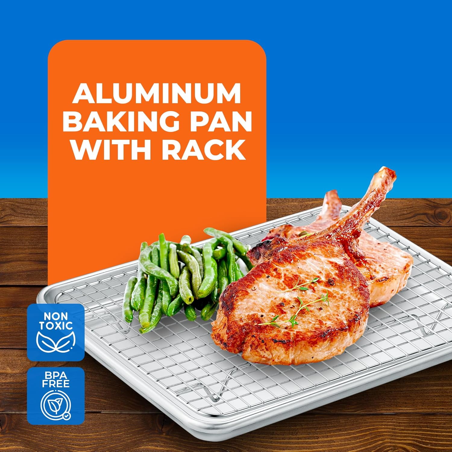 Baking Pan Set - 13" x 18" Aluminum Baking Pan with Stainless Steel Cooling Rack Set, Recipe Booklet Included, Oven Safe Tray, Resist Heat Up to 500° F, Set of 2