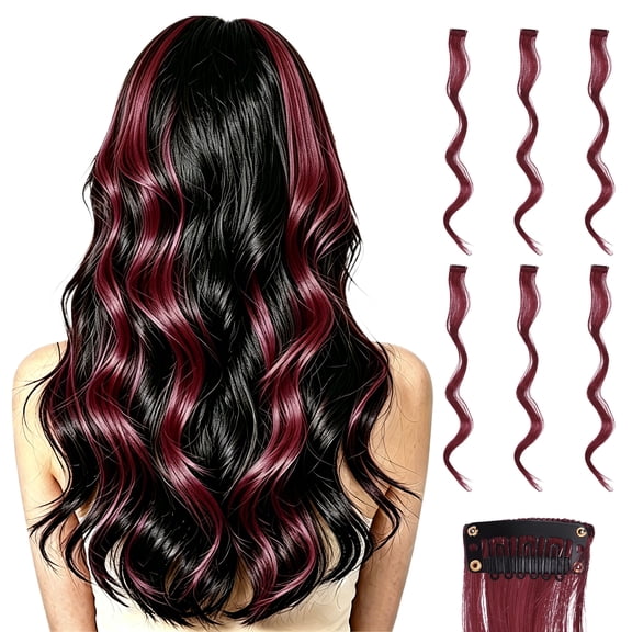 Uxcell 6 Pcs Colored Clip in Hair Extensions, 22 Inch Curly Hair Wavy Extensions for Women Girls Highlights Synthetic Wig for Party Cosplay Daily Hair Styling, Wine Red