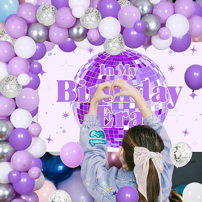 In My Birthday Era Party Decorations Purple Disco Ball Birthday Party Decor Balloon Garland Arch Kit Star Disco Ball Backdrop for Girl Women Music Themed 21st Birthday Party Decor Supplies
