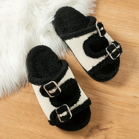 

SHENZHYIXINC Warm and Cozy Platform Slippers with Casual Double Buckle Strap for Extra Style Plush Shoes Providing Ultimate Comfort for Indoor Use