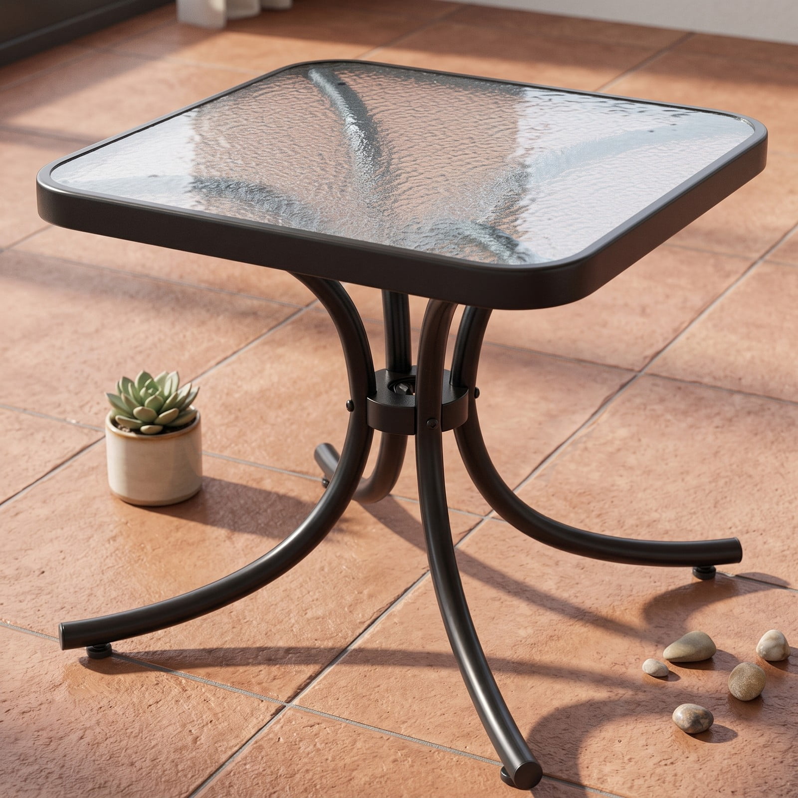Furnibear 20 Inch Square Tempered Glass Top Coffee Table with Heavy-Duty Metal Frame for Garden Poolside and Living Room, Black