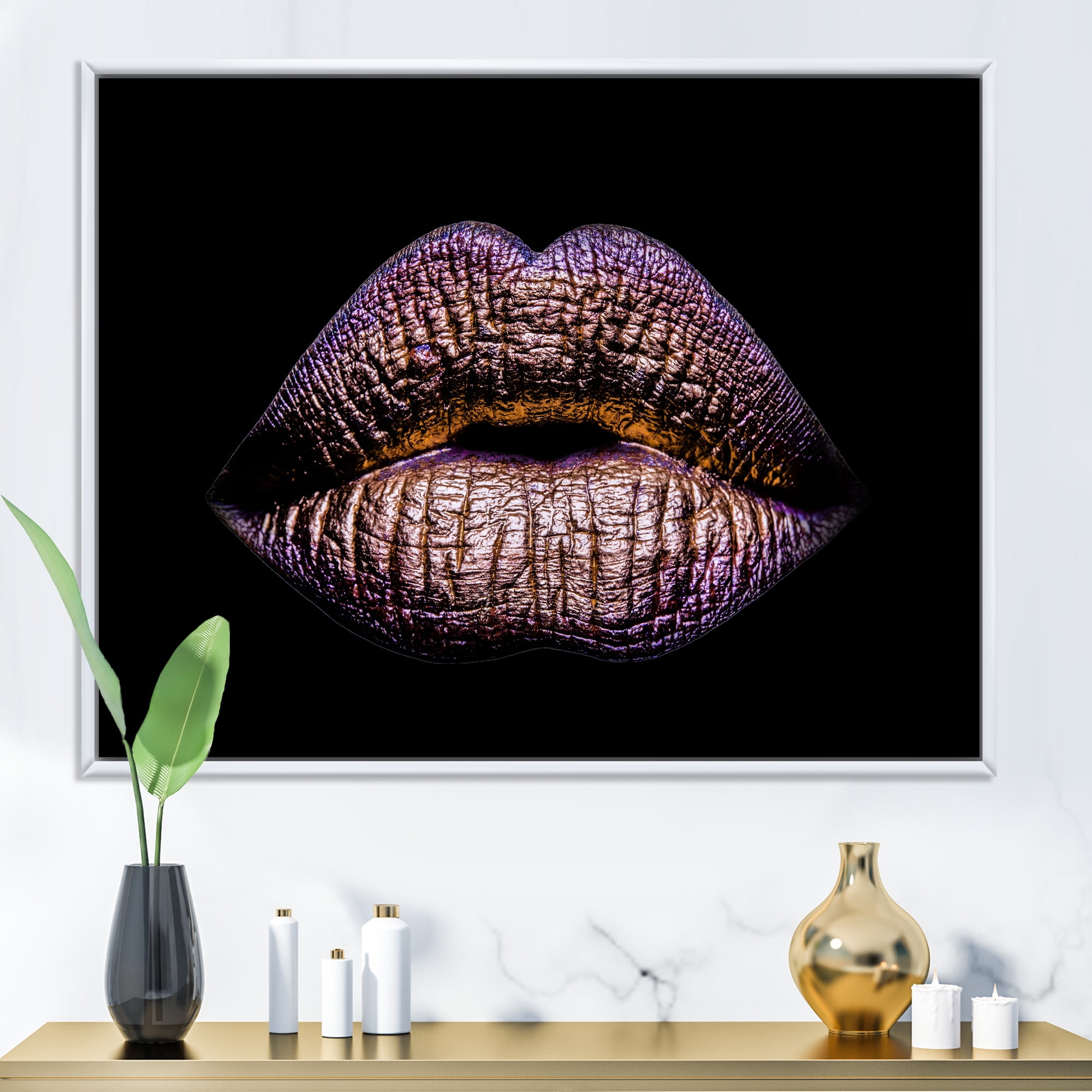 Sexy Golden Metallized Woman Lips V 40" x 30" Framed Painting Canvas Art Print, by Designart
