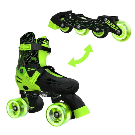 Yvolution Neon Roller Skates 2 in 1 Inline Skates and Quad - Girls and Boys Kids Skates, Size 12-2 Adjustable, One Pair, Green