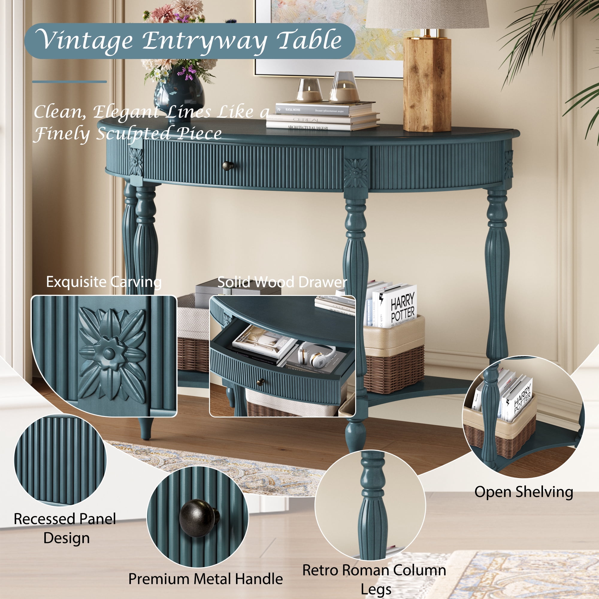 Solid Wood Half Moon Console Table with Drawer & Shelf, Fluted Vintage Curved Entryway Table for Hallway Living Room Foyer, Narrow Space Sofa Table with Roman Column Carved Legs,Rustic Blue