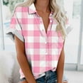 thumbnail image 2 of Lenpel Women's Button down Shirts Casual Short Sleeve V Neck Plaid Collared Blouses with Pocket Loose Summer Tops, 2 of 5