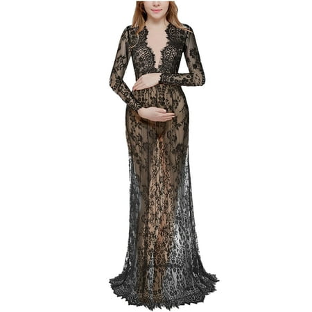 

asdoklhq Maternity Dresses for WomenWomen Casual Lace Perspective Tight Solid Color Long Sleeves V Neck Pregnant Woman Photography Strapless Dress
