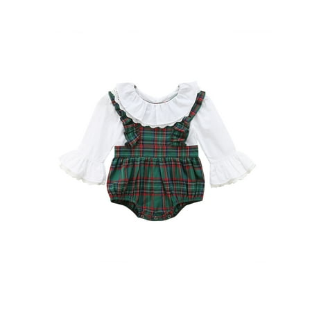 

wybzd Toddler Newborn Baby Girl Plaid Button Long Sleeve Romper Lace Jumpsuit Outfits