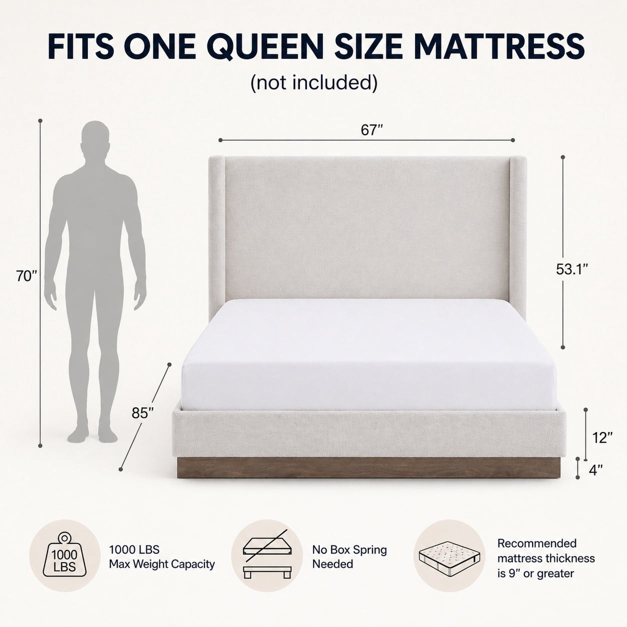 Miniyam Queen Upholstered Wingback Bed with 53.1" Tall Boucle Headboard, Hidden Wood Base, Metal Frame, No Box Spring, for Adults & Teens