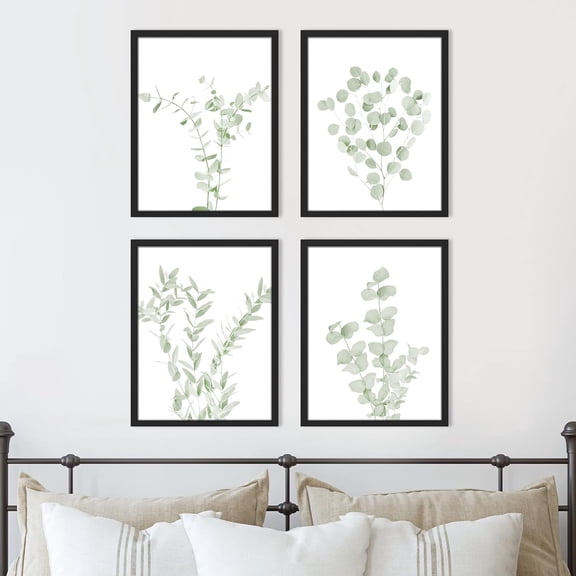 PixonSign Framed Pastel Watercolor Green Leaves Wall Art, Set of 4 Nature Wilderness Wall Decor Prints, Botanical Floral Wall Décor, Tree Vine Branch Rustic Posters for Bedroom - 8"x10" Black