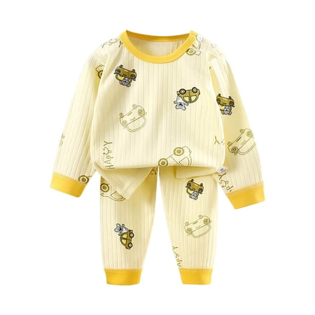 NOLDARES Toddler Baby Boy Girl Clothes Print Tshirt Long Sleeve Top Pants 2PCS Summer Baby Outfit Set Sweatsuit(Light Yellow 18-24 M)