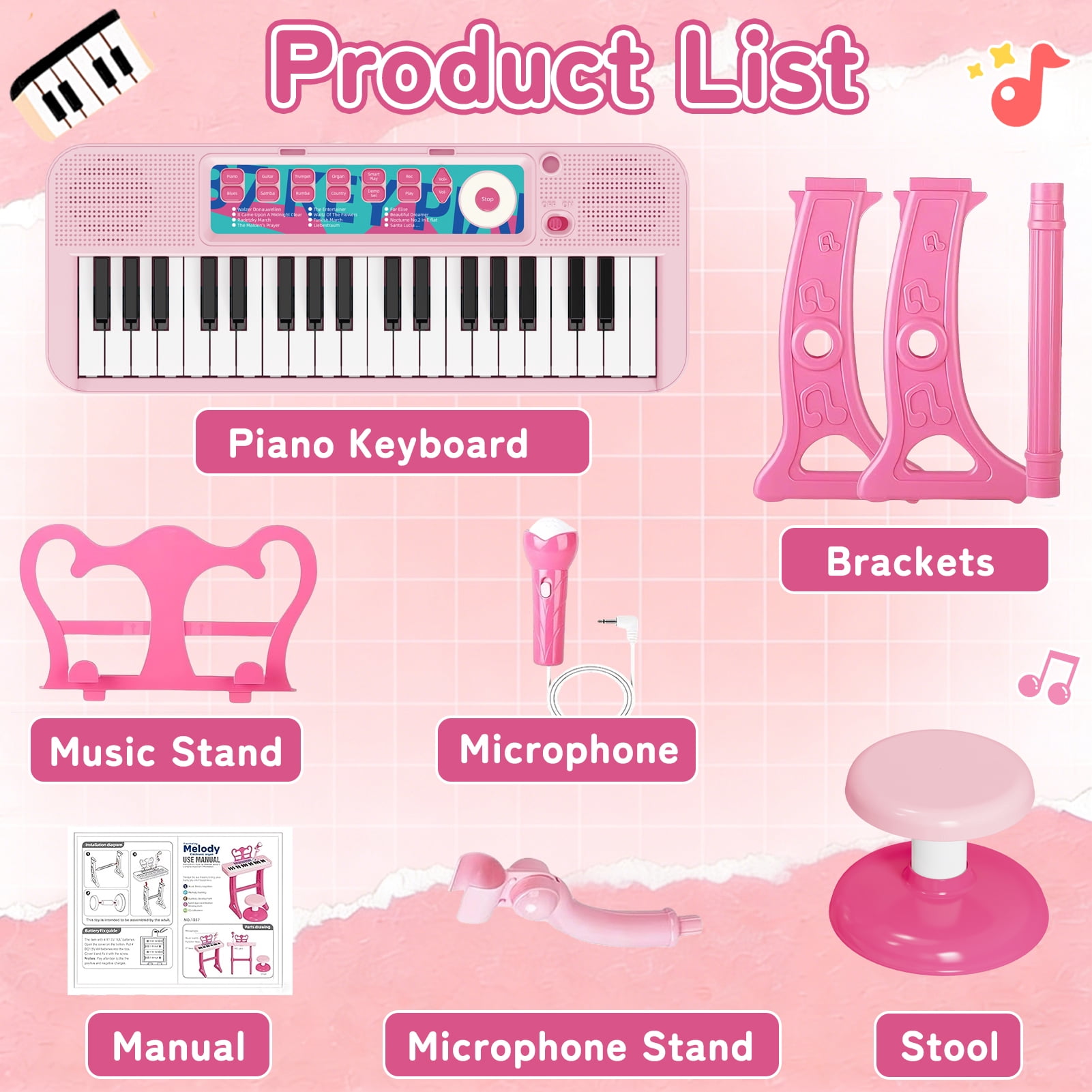 Tepear Kids Piano Keyboard Toys for Girls Age 3, 37 Keys Toddlers Piano Toy with Stool and Microphone, Pink Birthday Gift for 4 5 6 Years Old Boy Girl