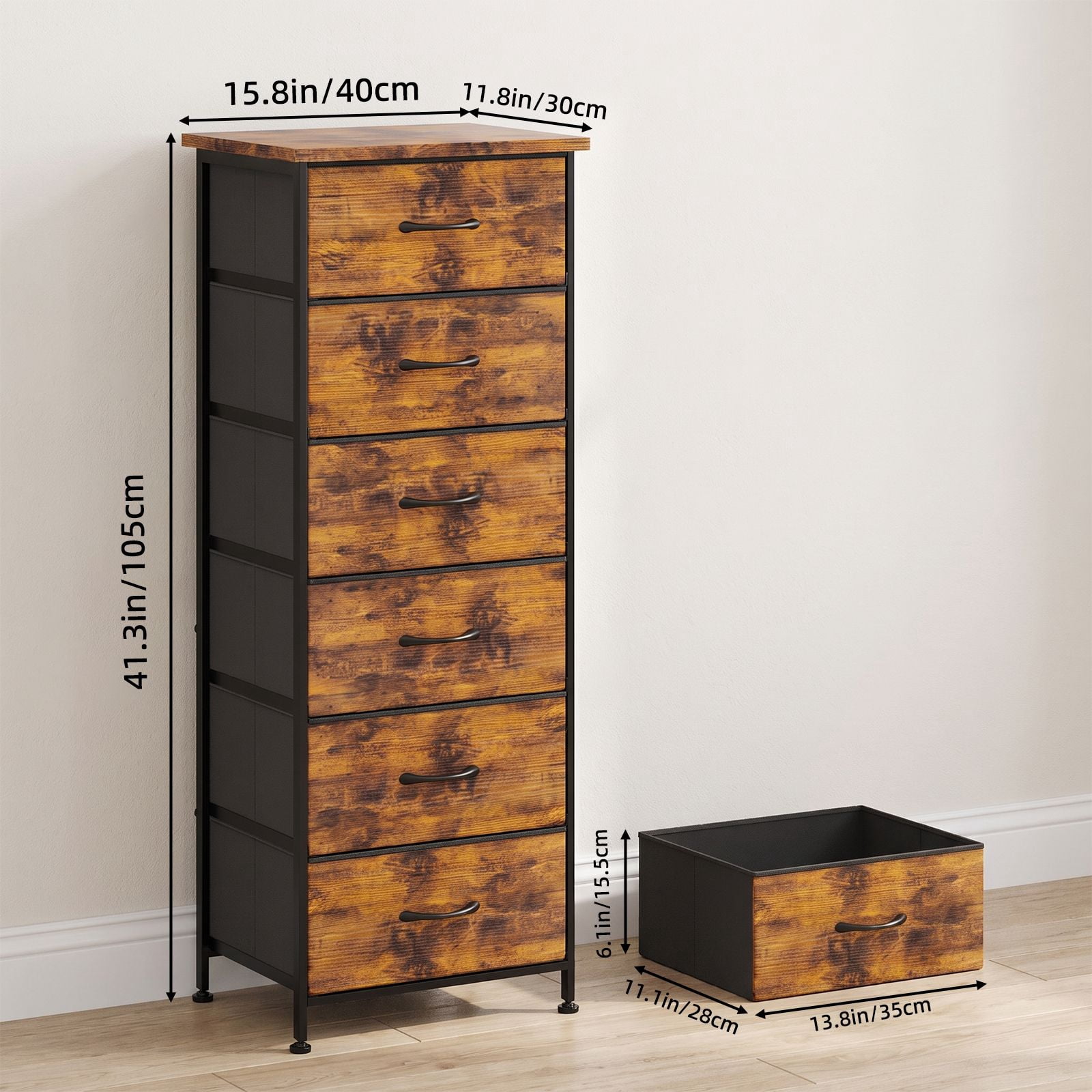 6 Drawer Dresser, Tall Narrow Storage Chest with Fabric Drawers, Steel Frame and Wood Top, Space-Saving Unit for Bedroom, Closet, Entryway