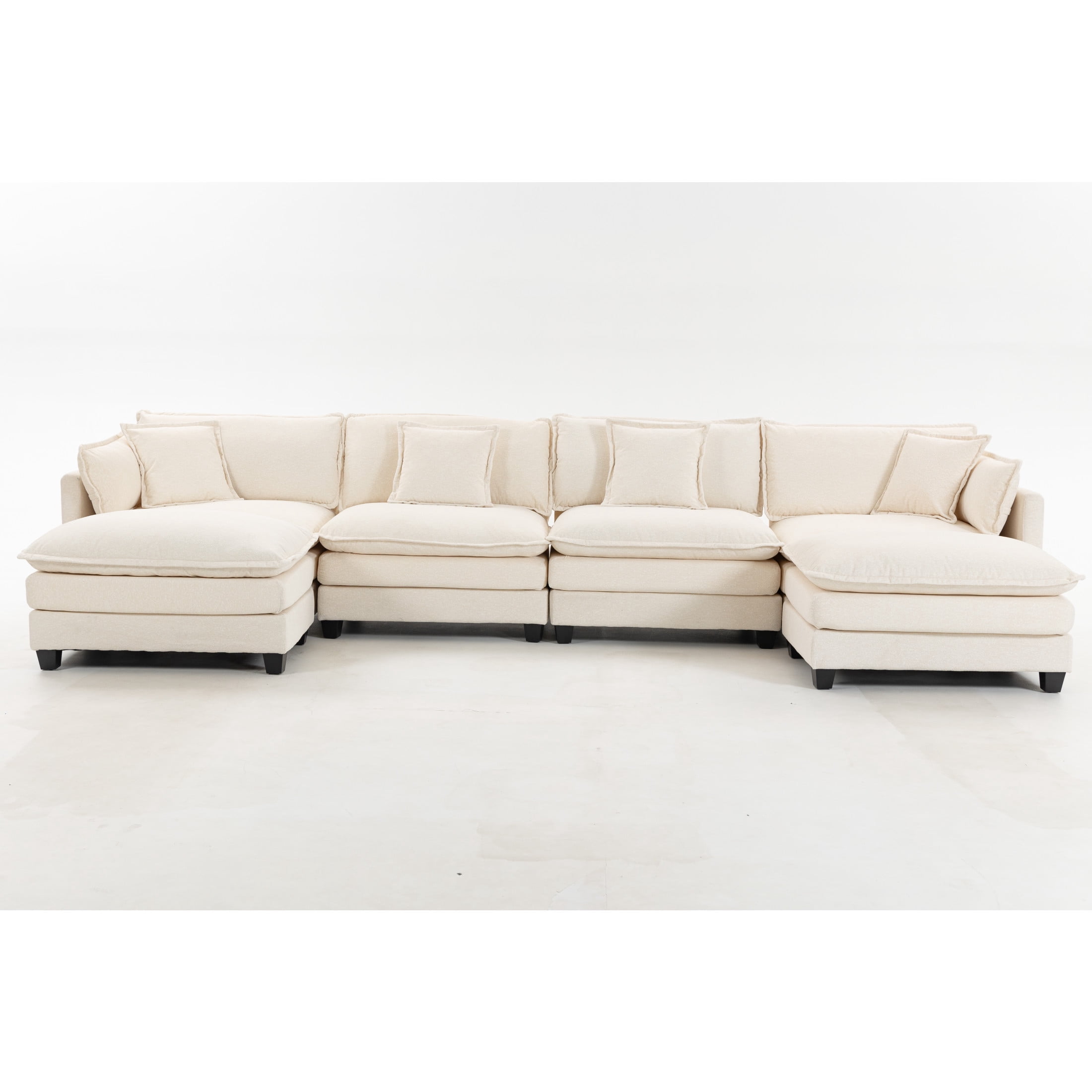 GDF Studio Udolf 149.61" Modern 4-Seat Modular Sectional Sofa with Ottomans and Pillows, Chaise Lounge for Living Room, Beige