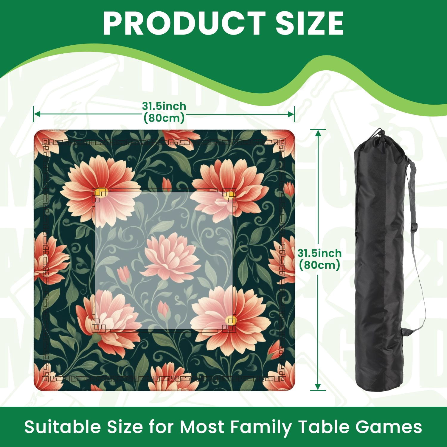 Mahjong Mat 31.5" x 31.5" Floral Peach Coral Blossoms Dark Green Non-Slip Noise Reduction American Mahjong Tiles Table Cover for Dominoes Poker Card Board Games Gift