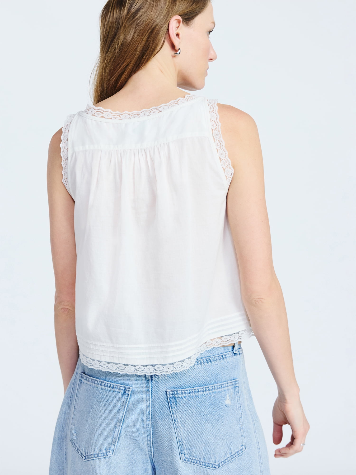 Scoop Women's and Women's Plus Flowy Cotton Tank Top with Lace Trim, Sizes XS-4X