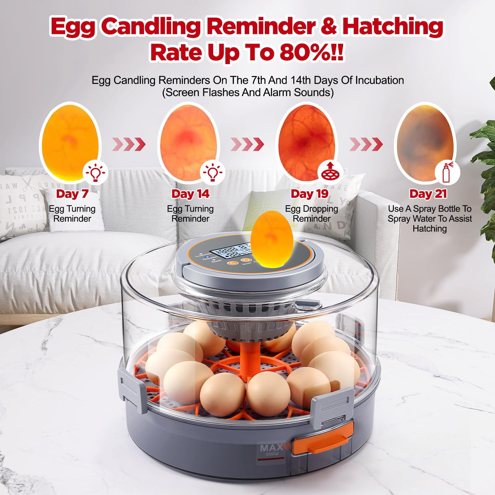 OneAmg 12-40 Egg Incubator - Auto 720 Egg Turning, Digital Display, Auto Temp & Humidity Control,  Egg Candler Incubators for Chickens, Ducks, Quails