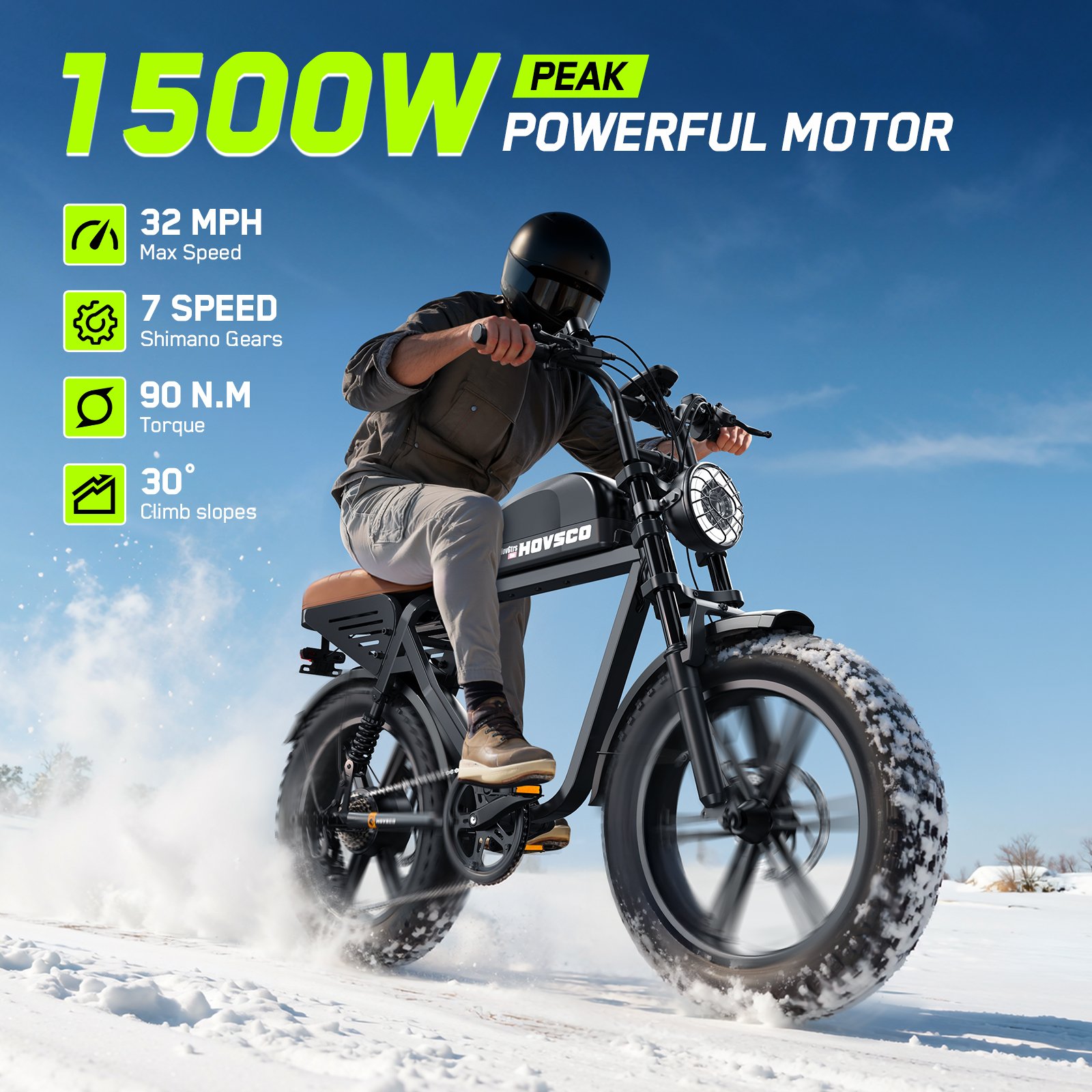 HOVSCO HovGtrs Peak 1500W Electric Bike, Moped-style Electric Bicycle for Adults, 20"x4" Fat Tire Motorcycle, E Mountain Bike, 48V/15AH UL2849