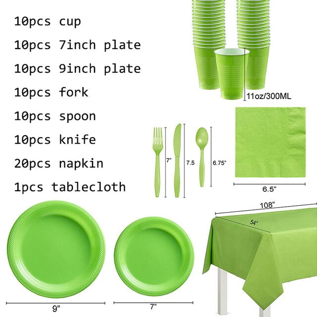UMMH Green Disposable Plastic Party Tableware Cup Plate Napkin Kids