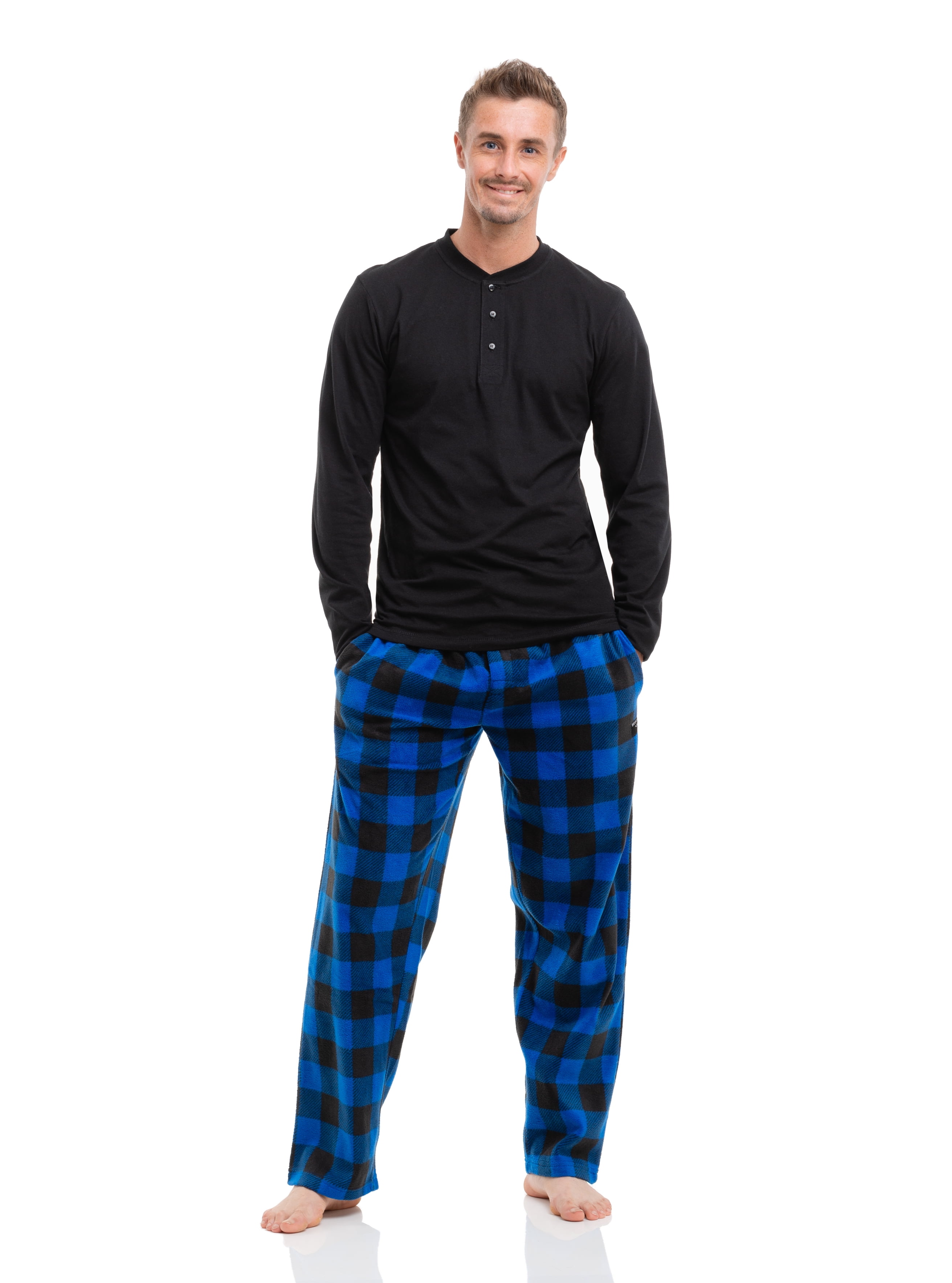 Mens 2 Piece Microfleece Pyjama Set Ultra Soft Lounge Pants with Henley Shirt 
