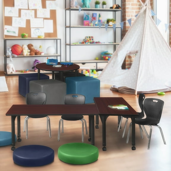 Regency Kee 60 x 24 in. Mobile Adjustable Classroom Table- Mahogany & 2 Andy 12 in. Stack Chairs- Black