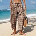 thumbnail image 2 of Plaid Barrel Pants for Women Summer 2026 Casual Loose Wide Leg Lounge Trousers Striped Capri with Pockets Light Brown L, 2 of 7