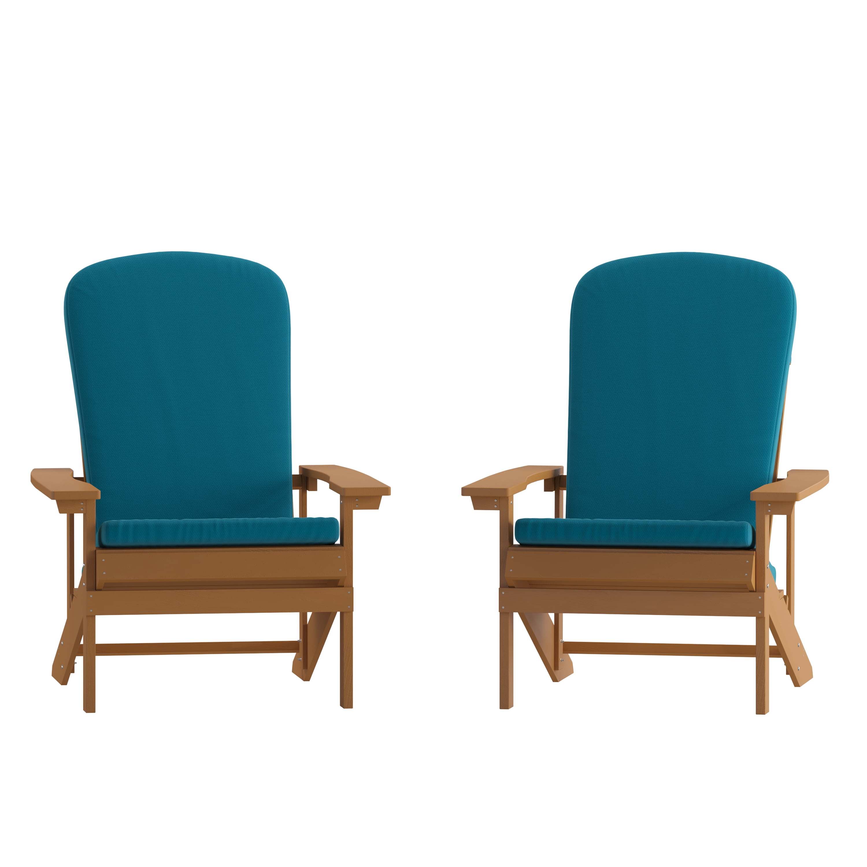 BizChair Set of 2 All-Weather Poly Resin Wood Adirondack Chairs in Teak with Teal Cushions for Deck, Porch, and Patio