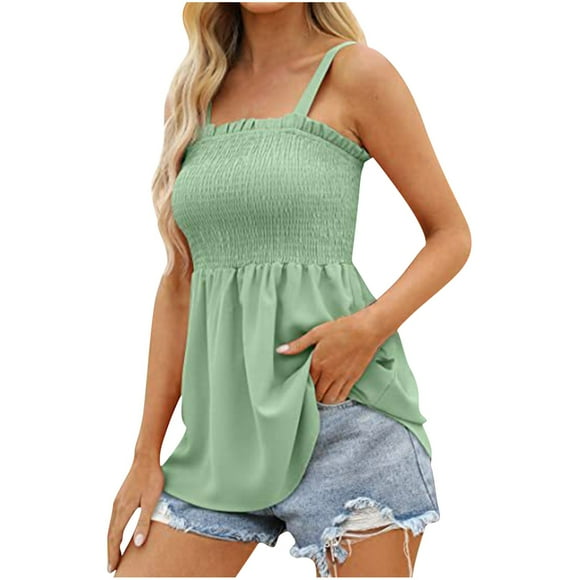 lcziwo Women's Tank Tops 2024,Tank Top for Women Summer Halter Tops Pleated Sleeveless Tunic Strappy Flowy Casual Cami Shirts Beach Loose Fit Blouse 2024,Green,XXL