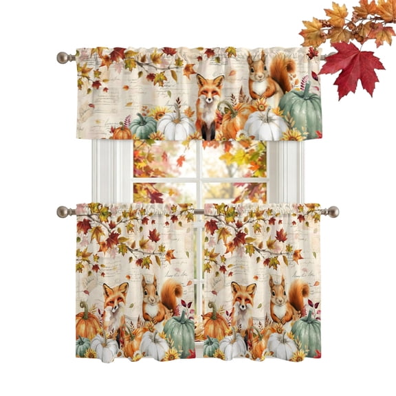 Fall Pumpkins Kitchen Curtains Sets 24 Inch Length Tier Curtain, Thanksgiving Vintage Maple Leaf Fox Squirrel Rod Pocket Window Treatments, Window Valance Curtains for Bathroom/Bedroom/Cafe 3 Panels